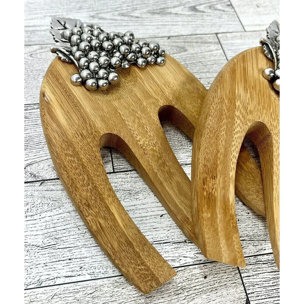 MudPie Wood & Silver Metal Grapes Salad Hands Servers Fruit Coastal Summer Party